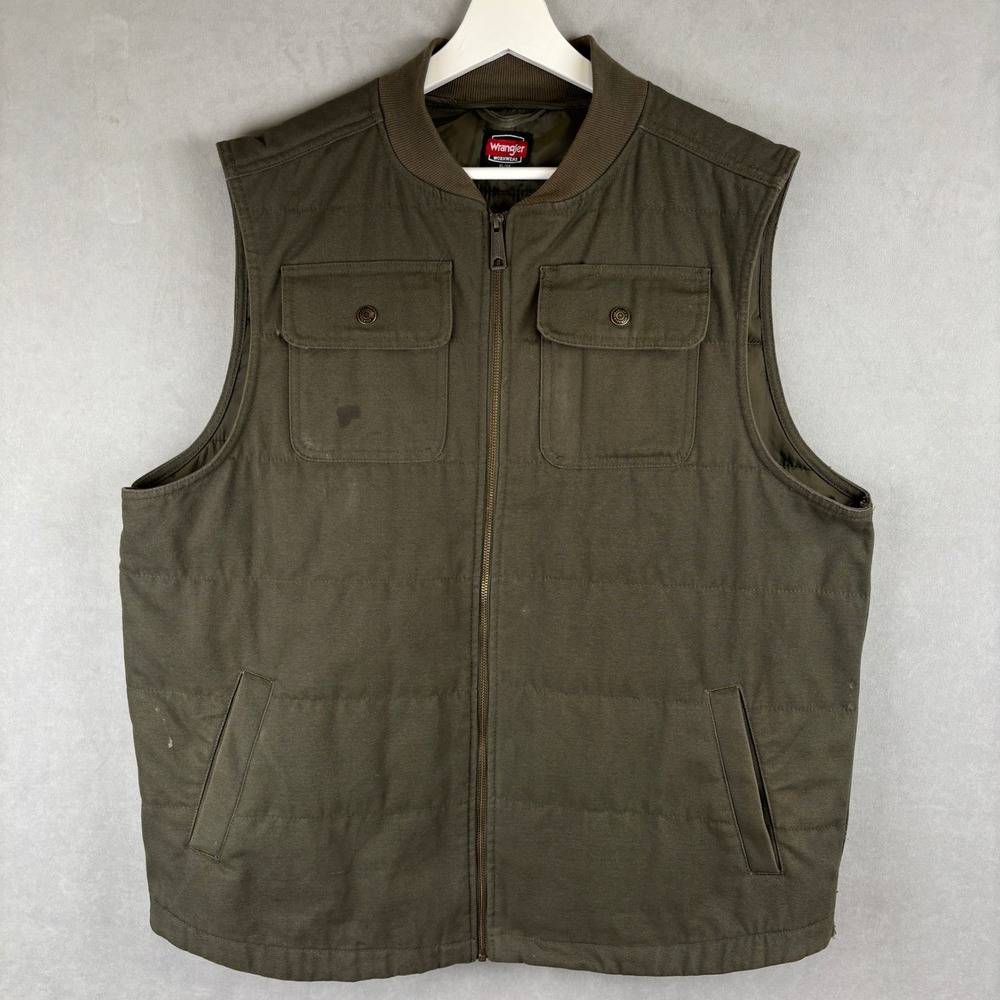 Wrangler Workwear Mens‎ XL Olive Green Quilted Canvas Utility Vest Gorp Military